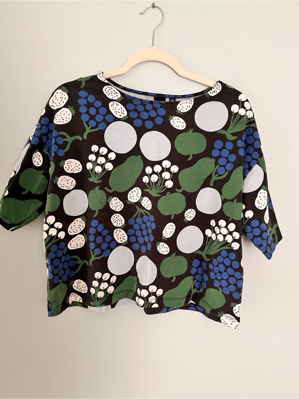 Marimekko Tee with Black, Green, Blue & White Botanical Print